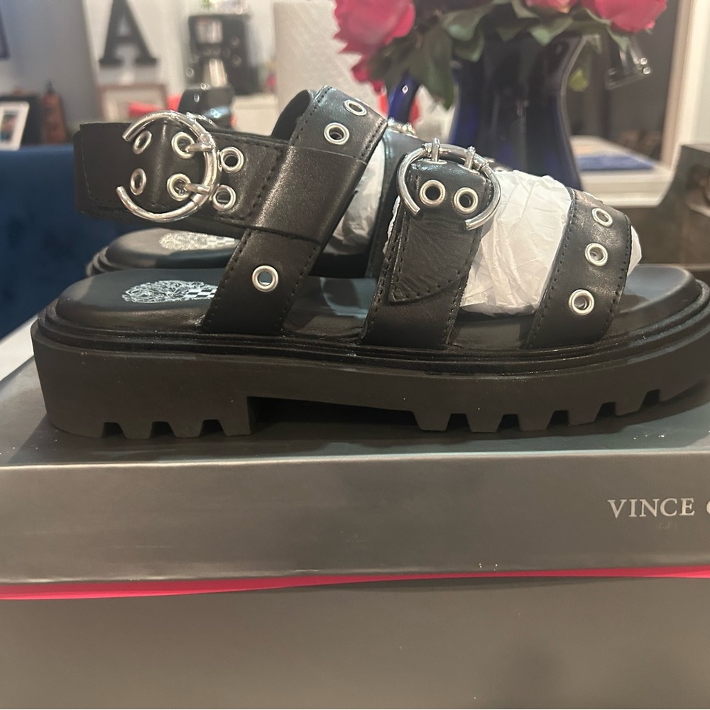 Vince Black Chunky Sandals with Metallic Details